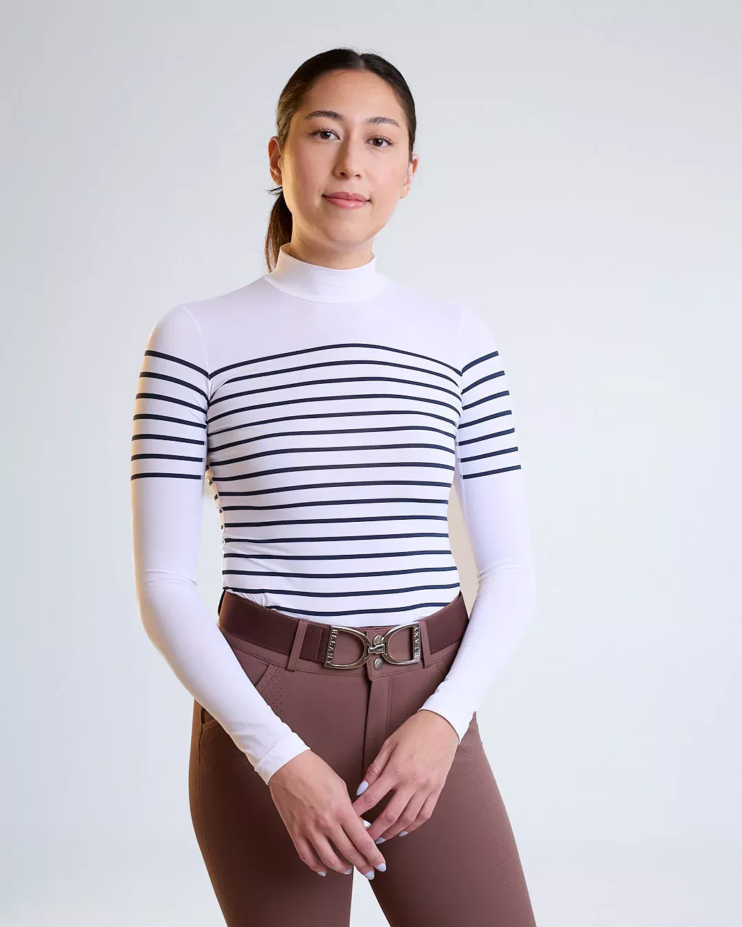 70° - French Stripe Performance Mock Neck - White/Dark Navy Stripe -