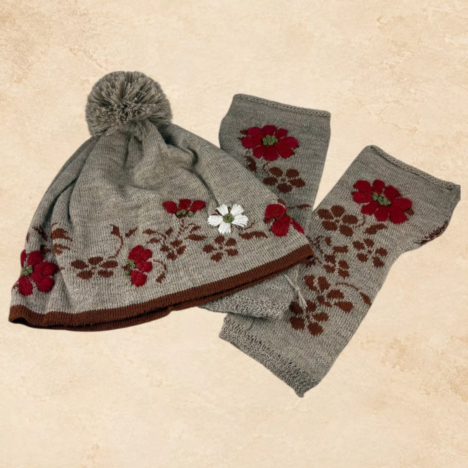 Alpaca Beanie & Glove Set Burgundy Bloom