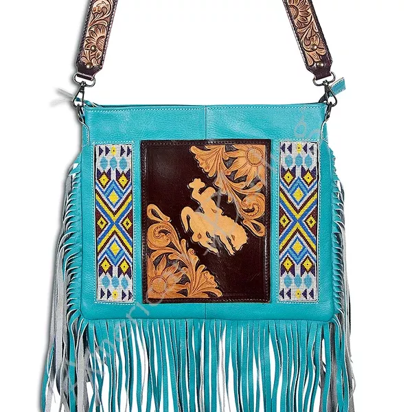 American Darling Cross body Bag Handcrafted from Hand Tooled Floral Leather with Beaded Accents, Fringes, and YKK Zipper