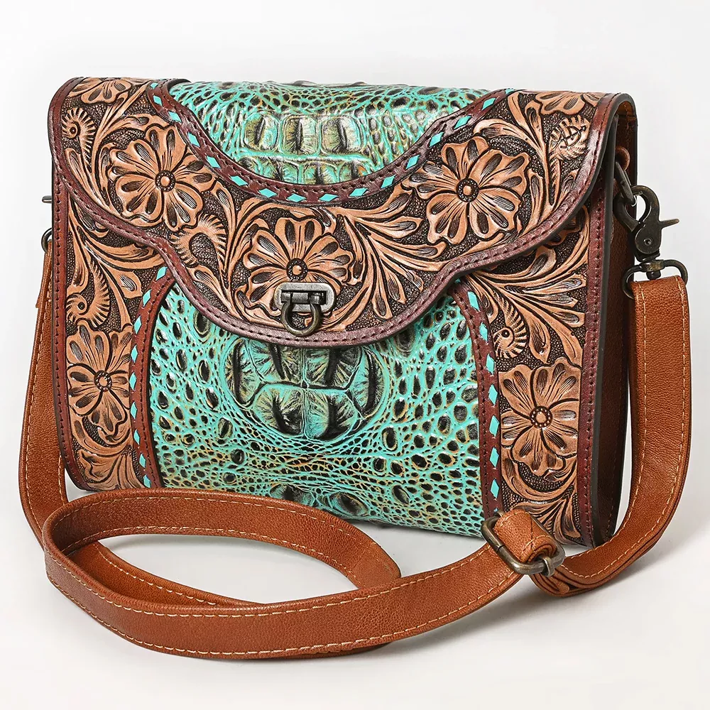 American Darling Western Crossbody Clutch Handcrafted from Tooled Leather & Crocodile Embossed