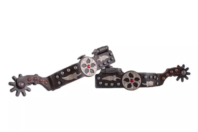 ANTIQUE GRAY STEEL SPUR WITH COPPER AND SILVER STUDS AND SILVER ENGRAVED OVERLAY