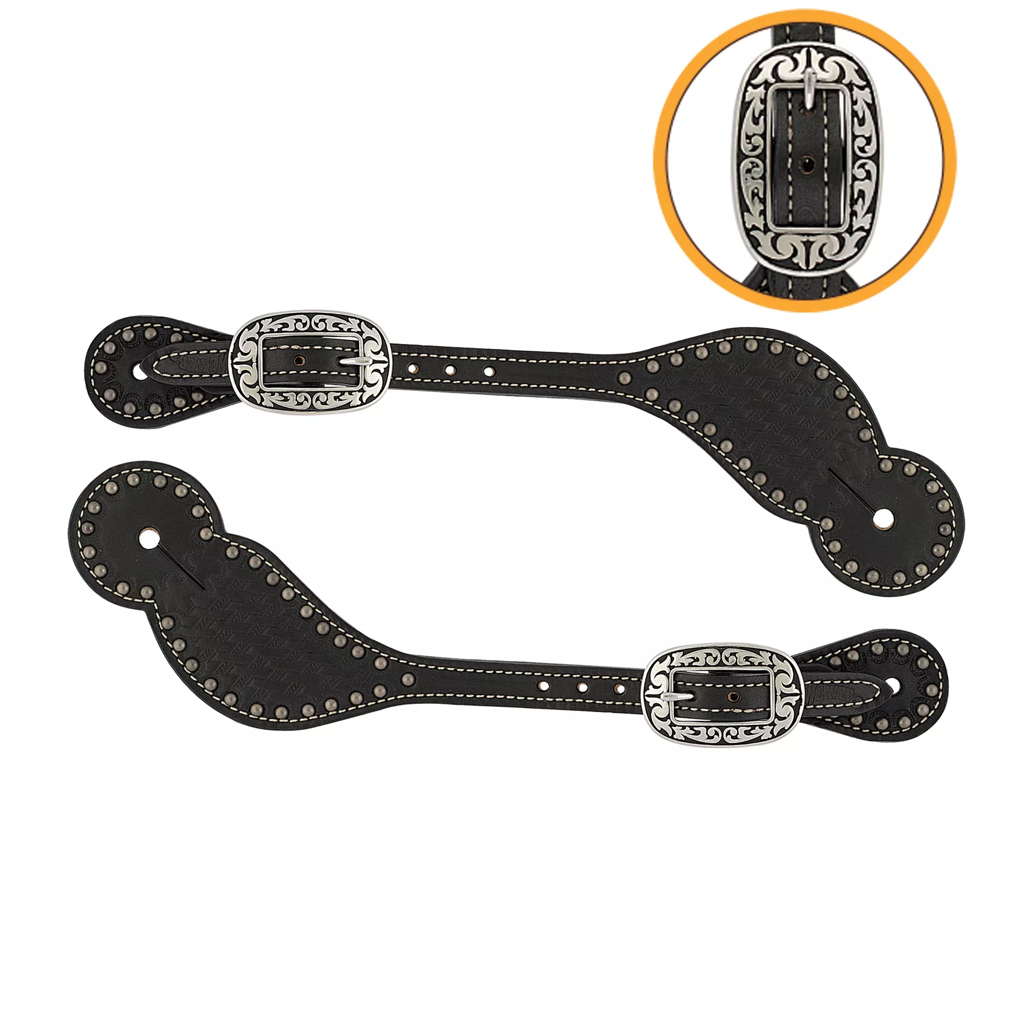 Basketweave Bridle Leather Spur Straps, Regular, Black