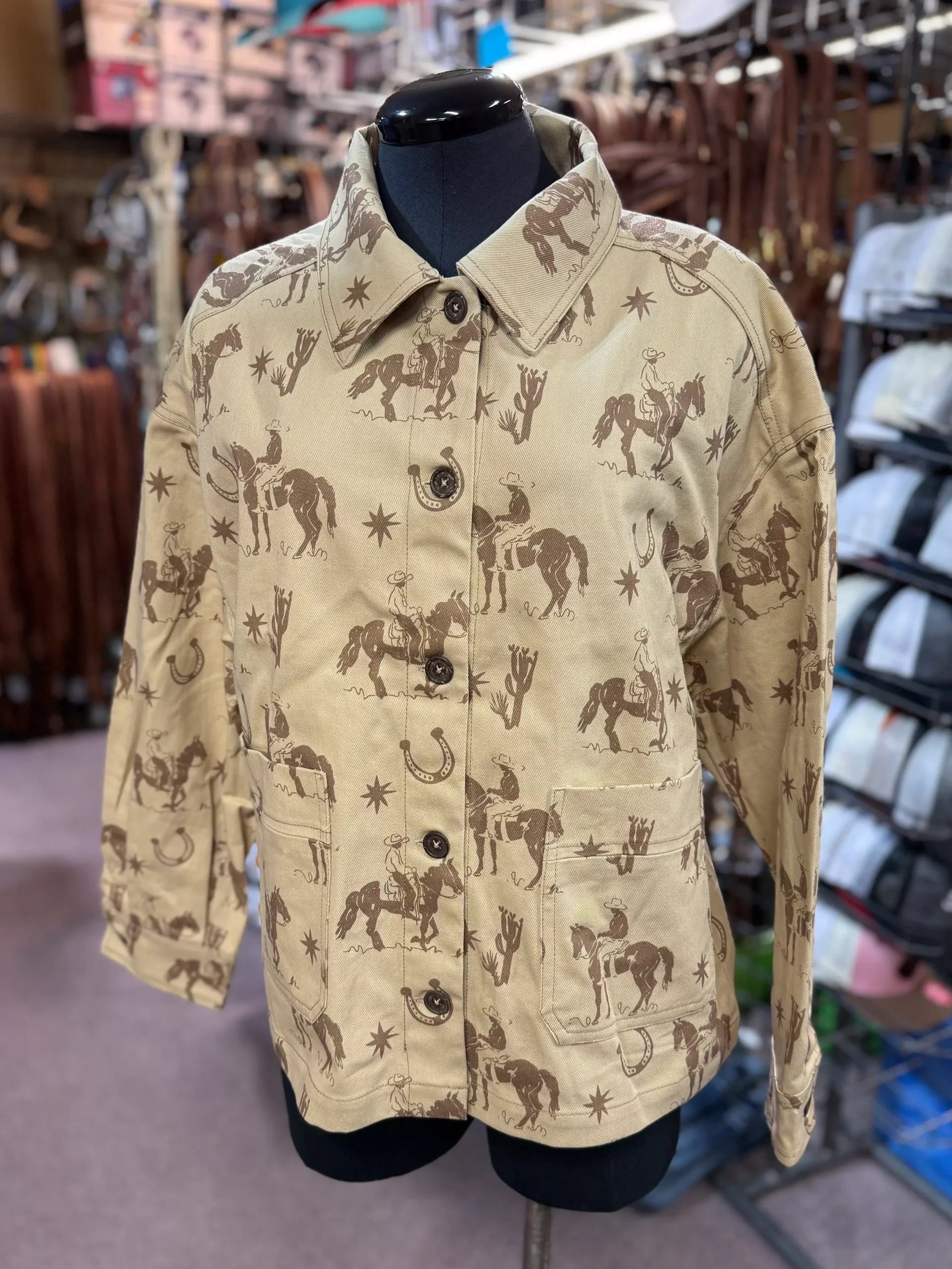 Beige Cowboy Print Oversize Jacket