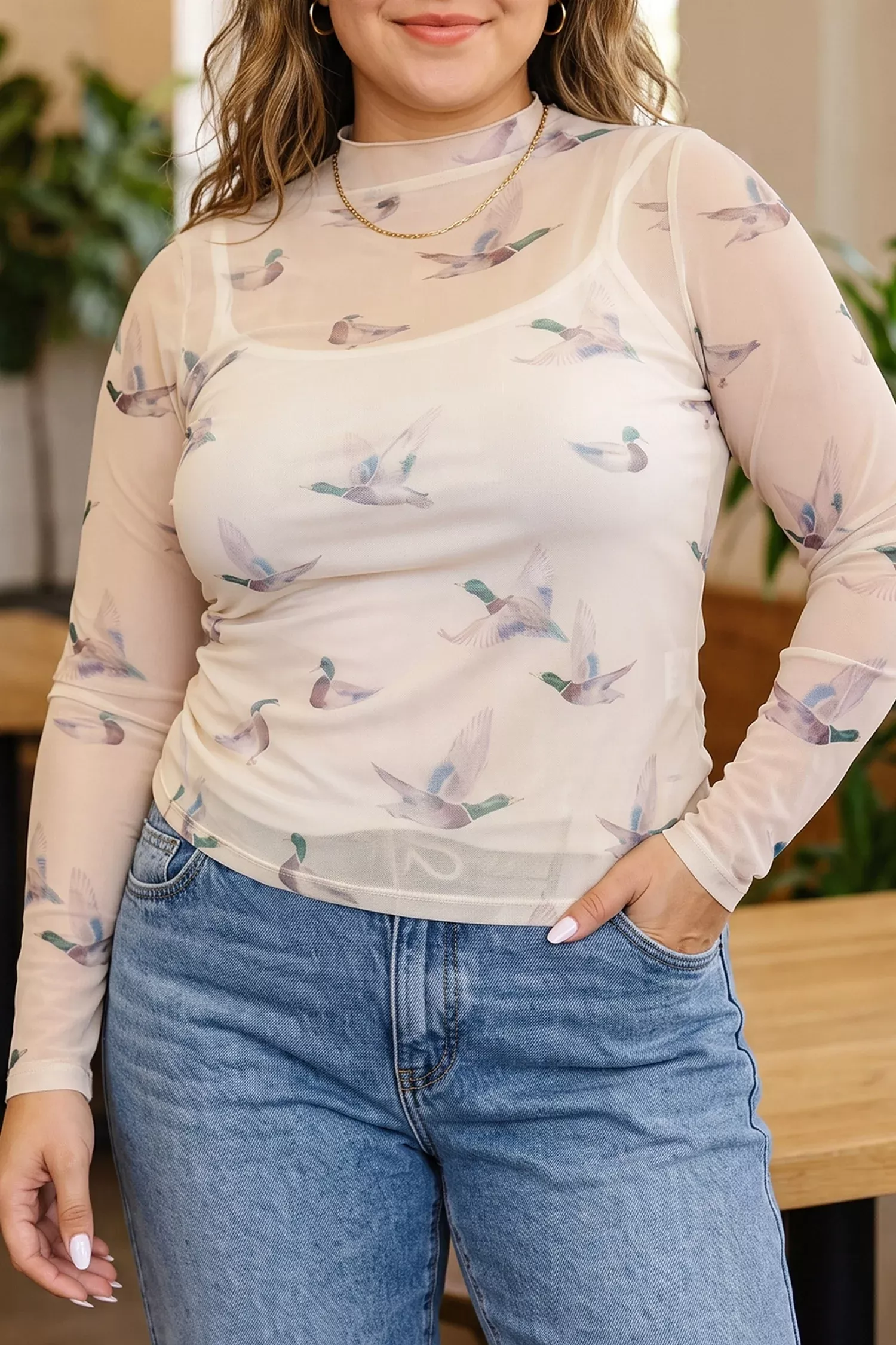 Beige Mesh Duck Print Tunic Long Sleeve Plus Size Blouse