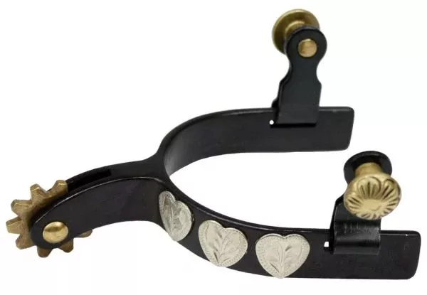 Black steel silver youth size show spur with silver hearts