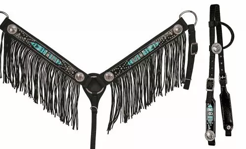 BLACK AND TURQUOISE NYLON SINGLE-EAR HEADSTALL AND BREAST COLLAR SET