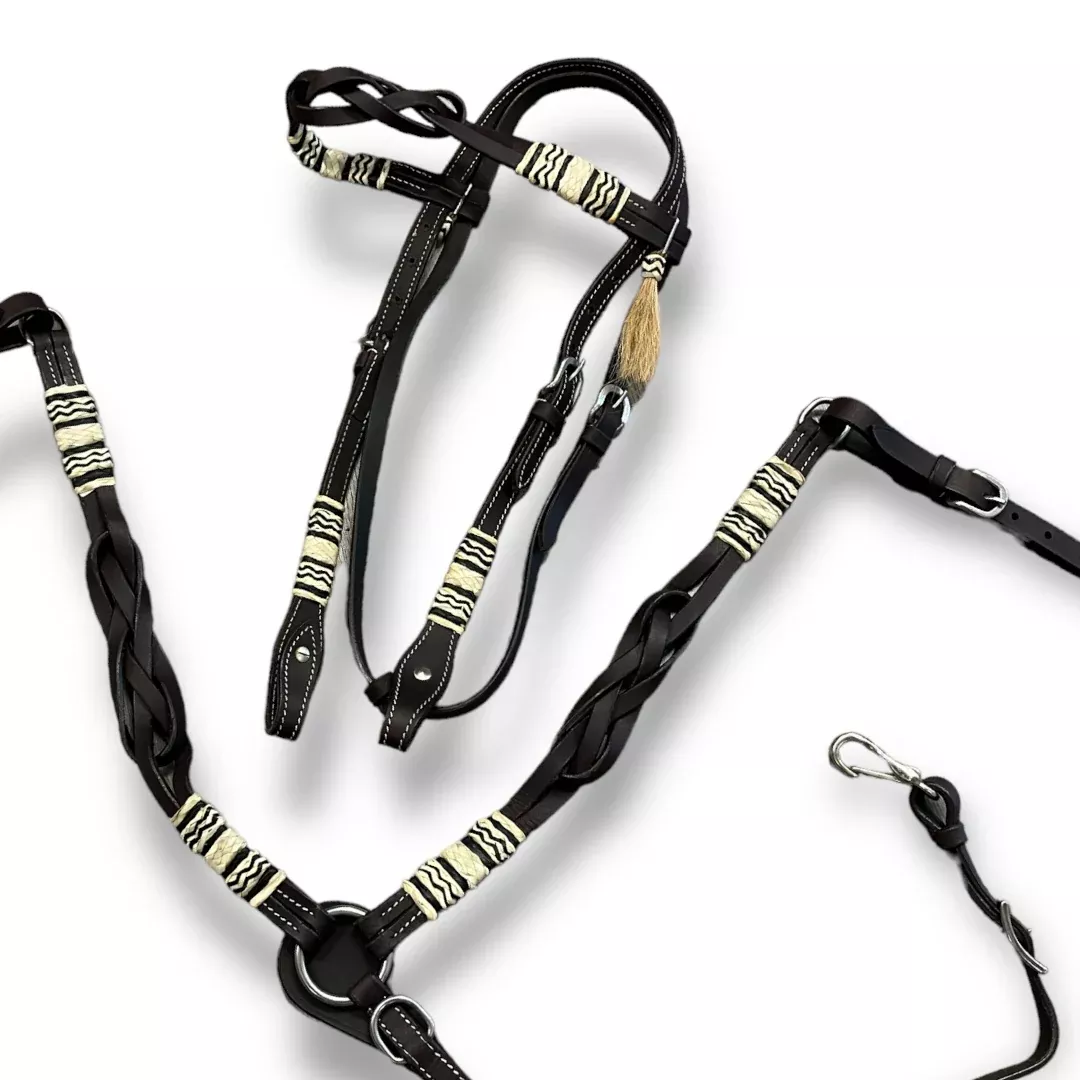 BRAIDED RAWHIDE HEADSTALL AND BREAST COLLAR SET CHOCOLATE