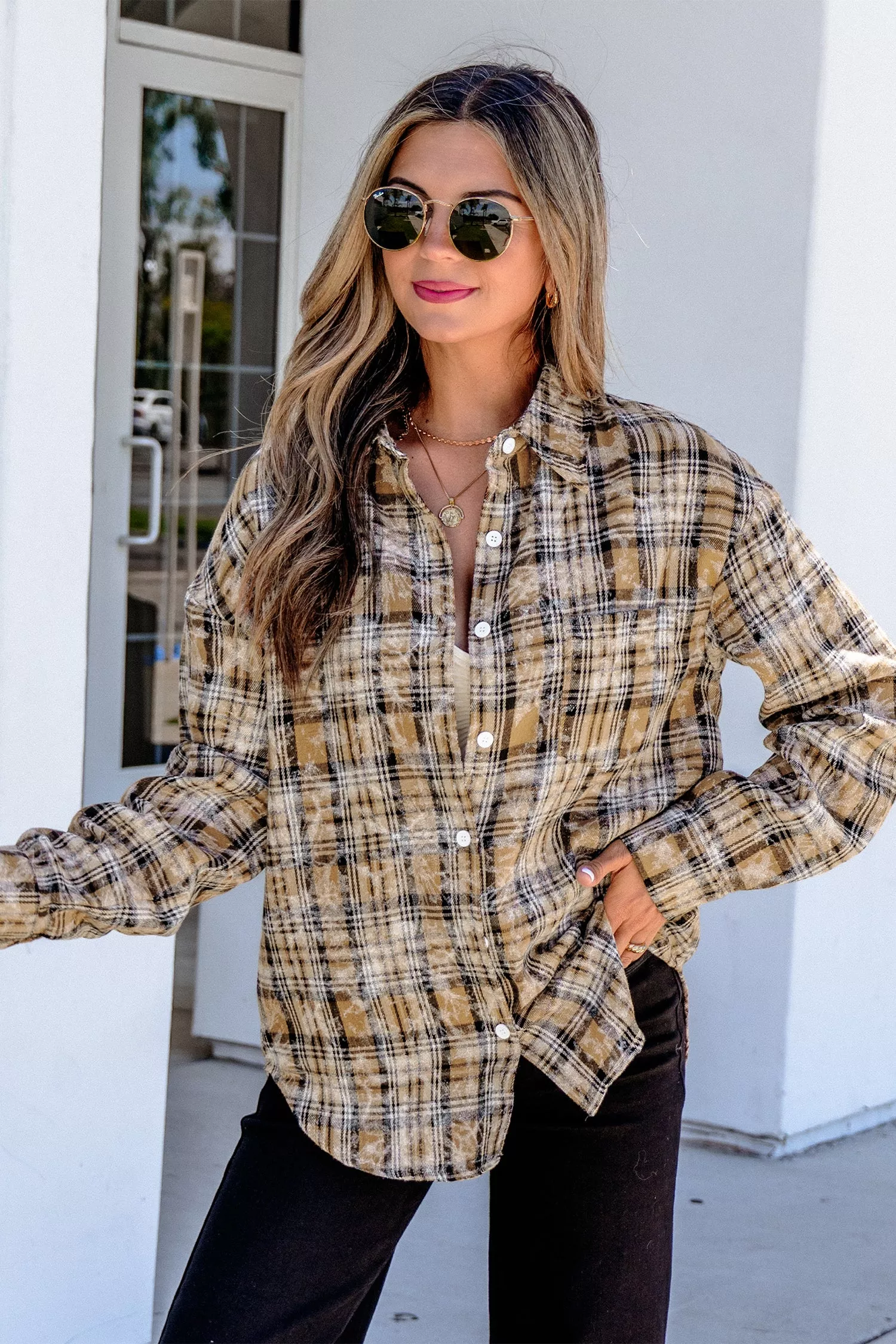 Brown Retro Plaid Long Sleeve Button Down Shirt