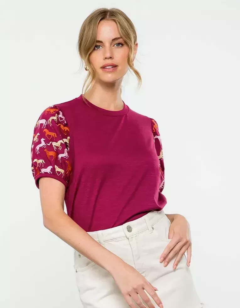 Burgundy Embroidered Horse Puff Sleeve Top