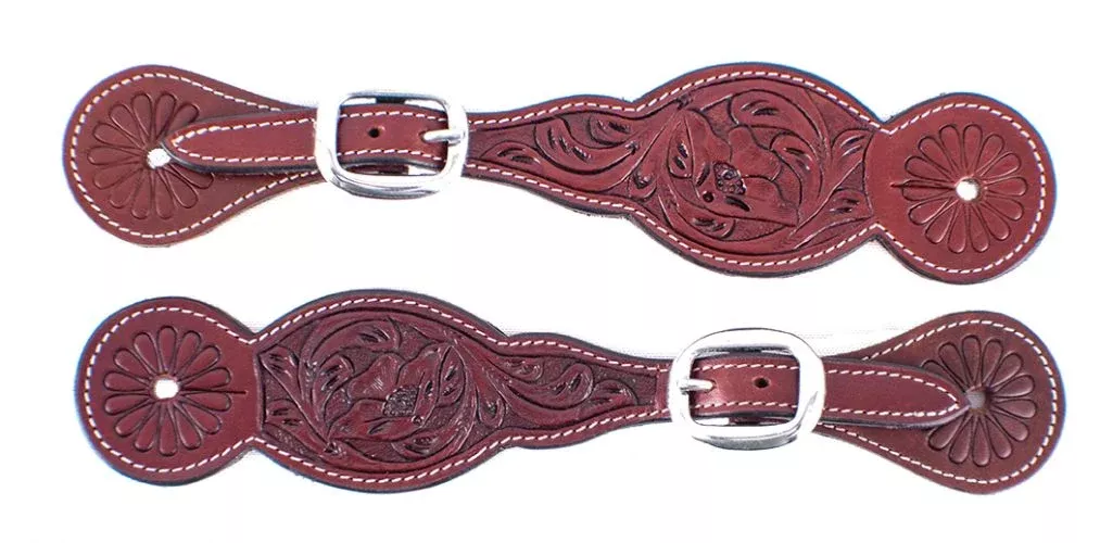 BURGUNDY LEATHER FLORAL TOOLED SPUR STRAPS