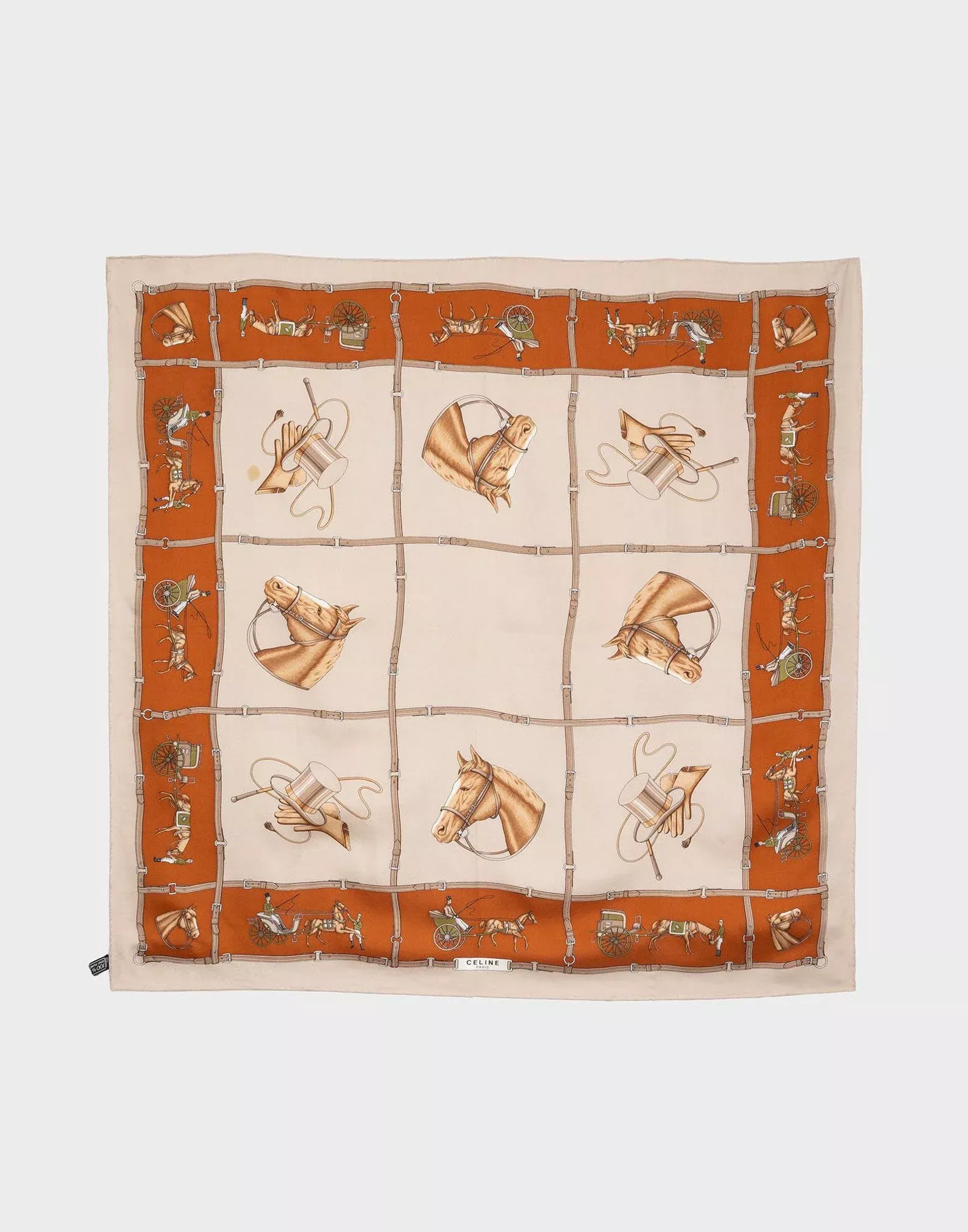 Celine 80s Orange Border Equestrian Silk Scarf