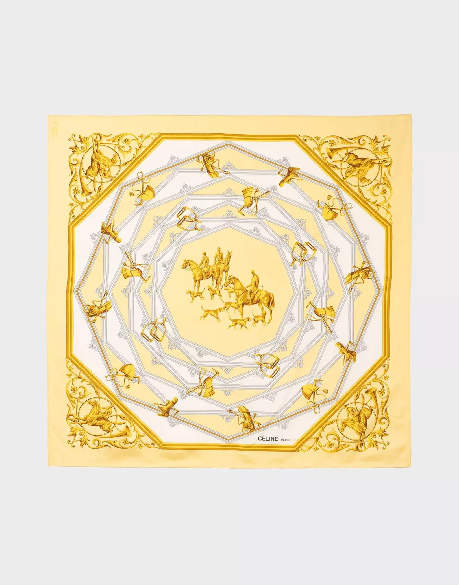 Celine 80s Yellow and Gold Equestrian Silk Scarf