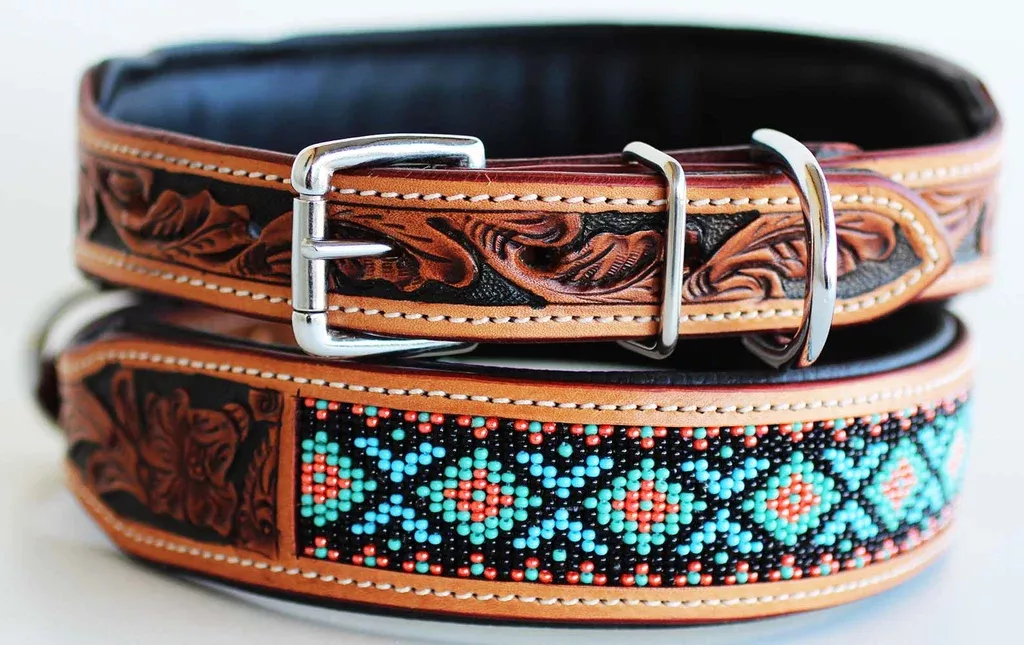 Challenger Hand Tooled 100% Leather Puppy Dog Collar Adjustable Padded Canine 6057