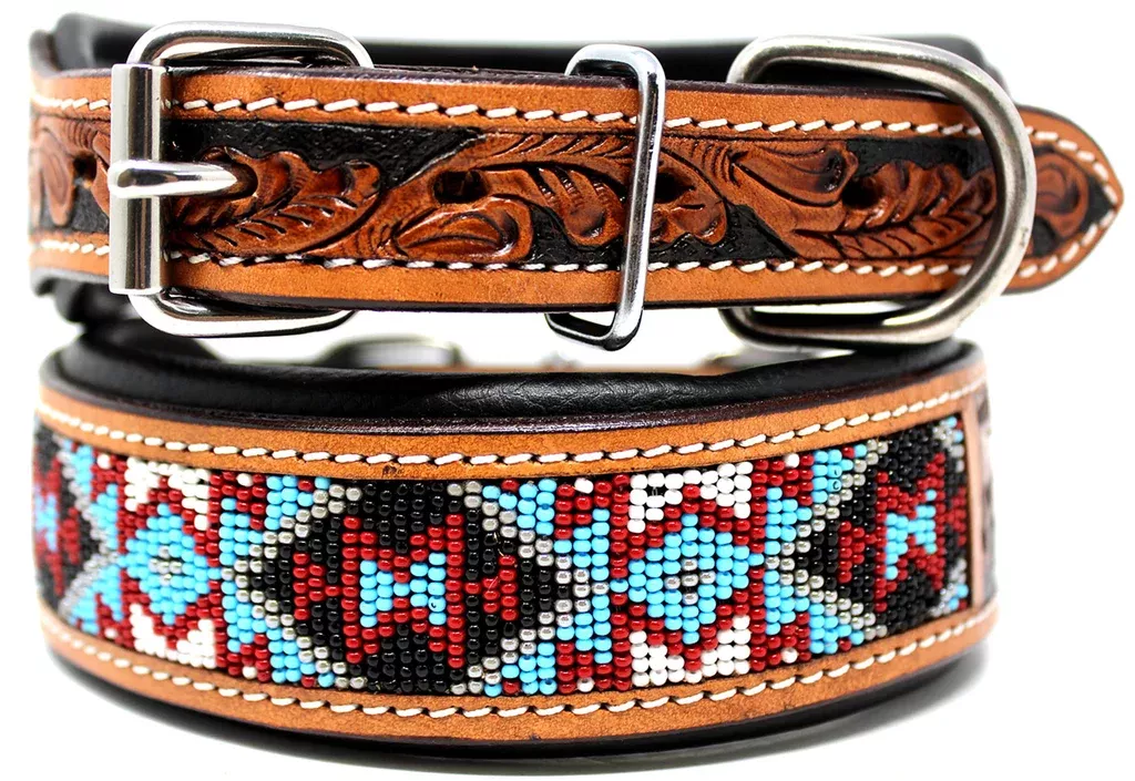 Challenger Made 100% Cow Leather Hand Tooled Puppy Dog Collar Adjustable Padded 6064