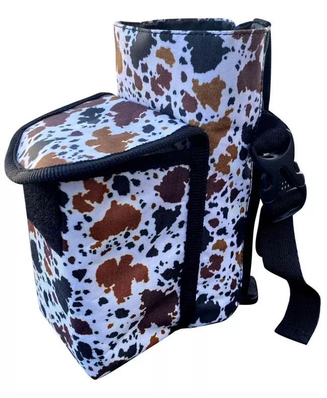 Cow print insulated nylon bottle carrier with pocket