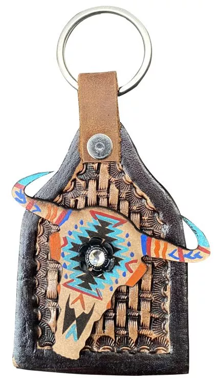 COW TAG SHAPED AZTEC COW SKULL KEYCHAIN