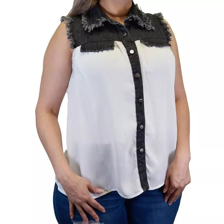 Cowboy Hardware Black Denim & White Chiffon Sleeveless Top 250336-010-W