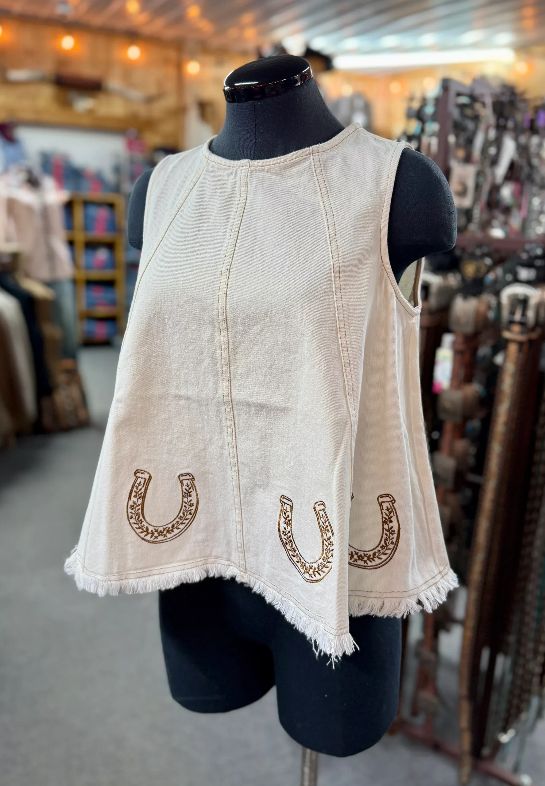 Cream Embroidered Sleeveless Horseshoe Top