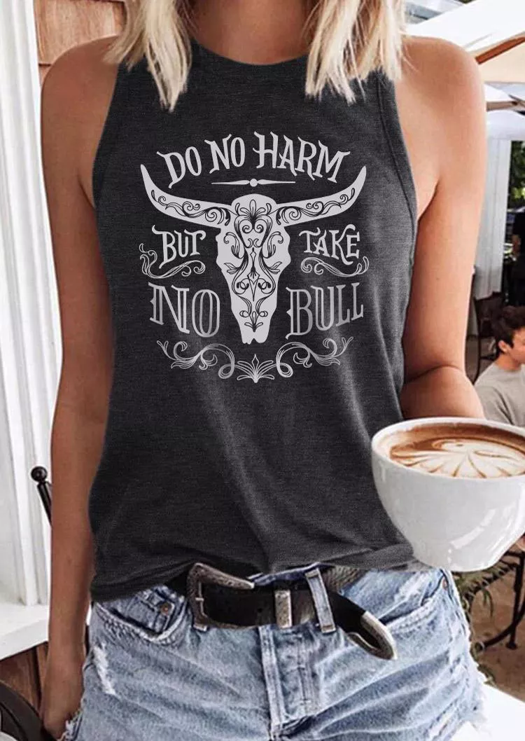 DO NO HARM BUT TAKE NO BULL STEER SKULL TANK - DARK GREY
