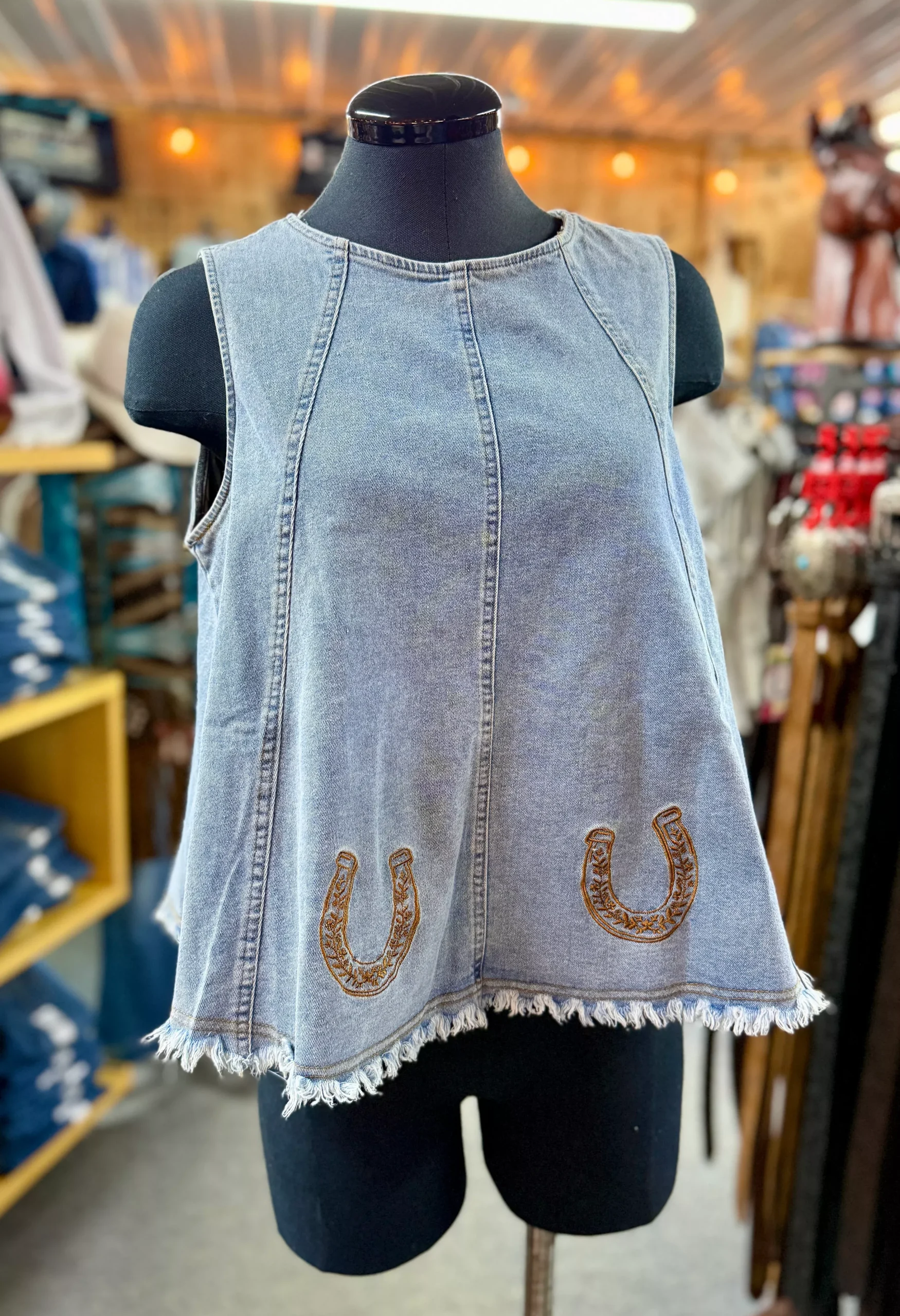 Embroidered Sleeveless Horseshoe Denim Top