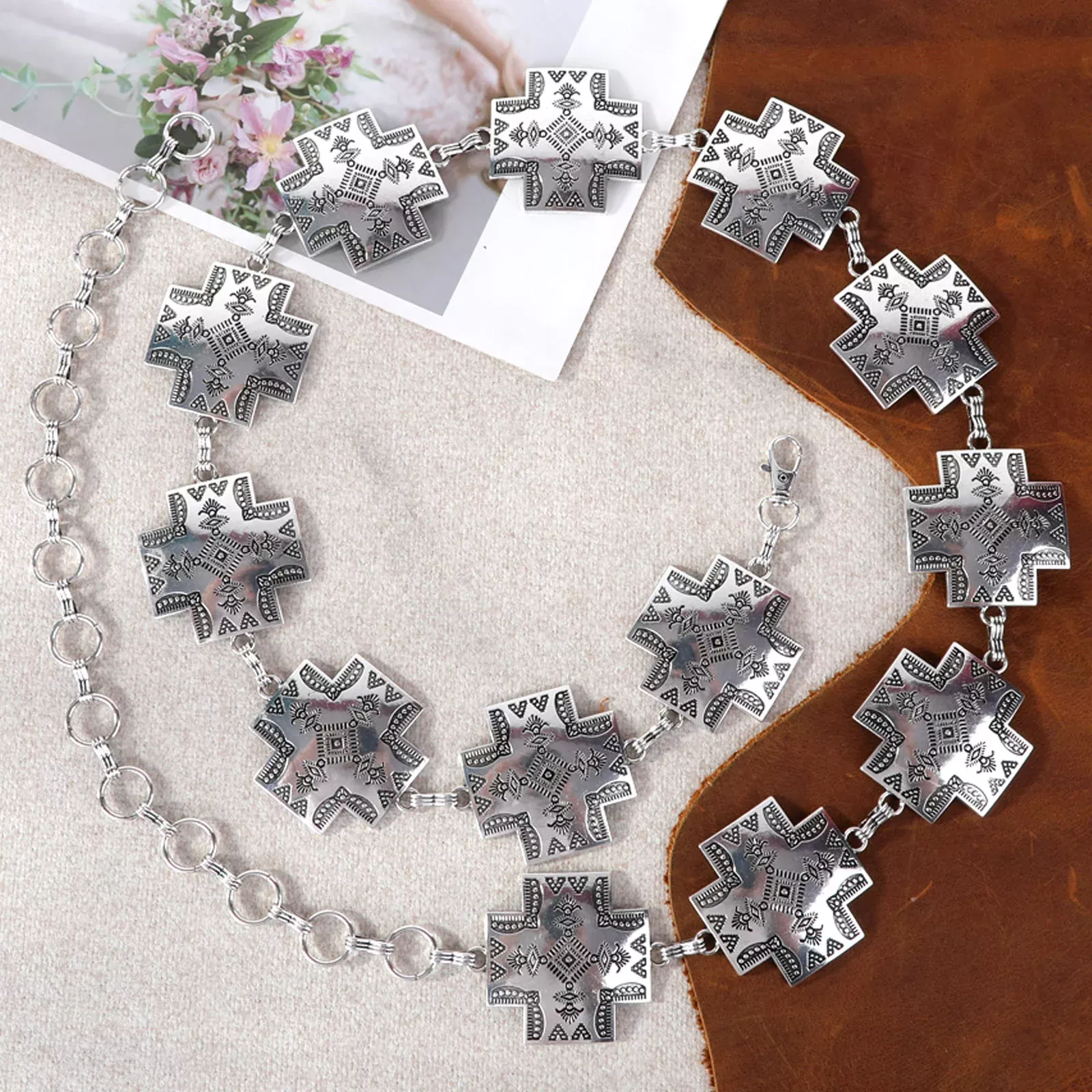 Engraved Silver Cross Concho Belt