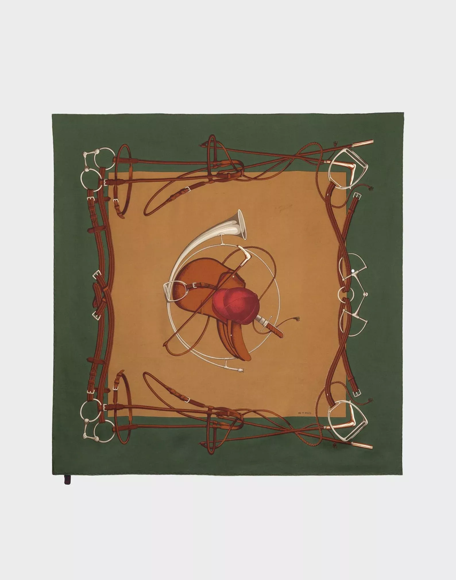 Etro 70s Green Equestrian Silk Scarf
