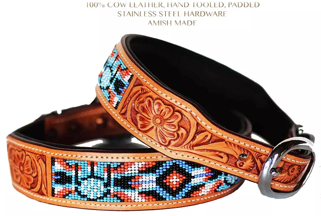 Full-Grain Genuine Padded Leather BeadedDog Puppy Collar 6044