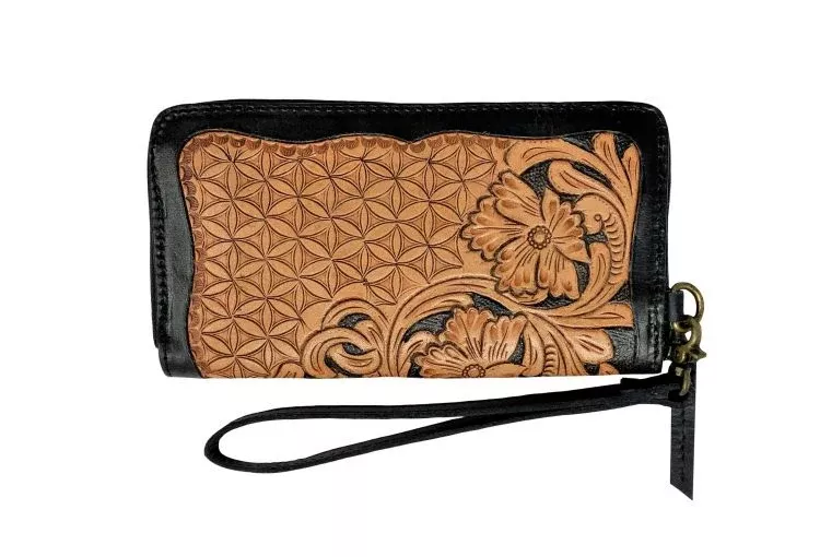 GENUINE LEATHER CLUTCH WRISTLET WITH FLORAL BASKET WEAVE TOOLING