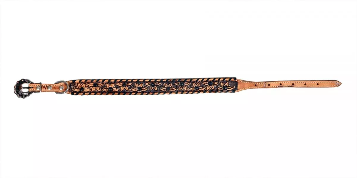 GENUINE LEATHER DOG COLLAR WITH BLACK RAWHIDE
