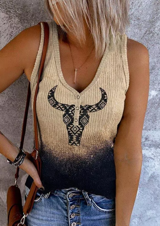 GRADIENT STEER SKULL SNAP BUTTON TANK - KHAKI
