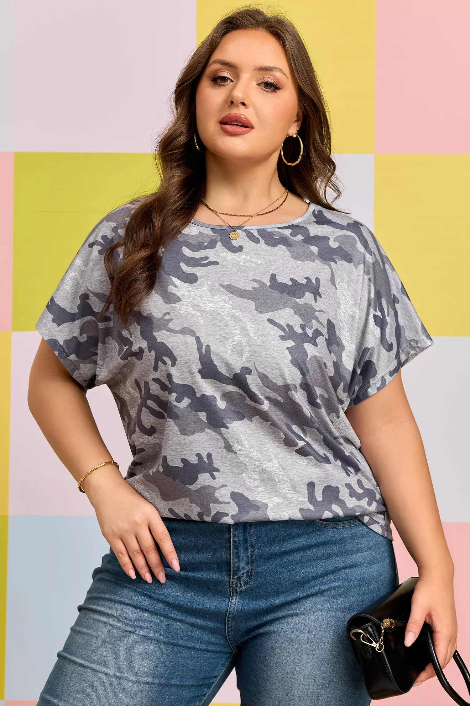 Gray Plus Size Camo Print Casual T Shirt