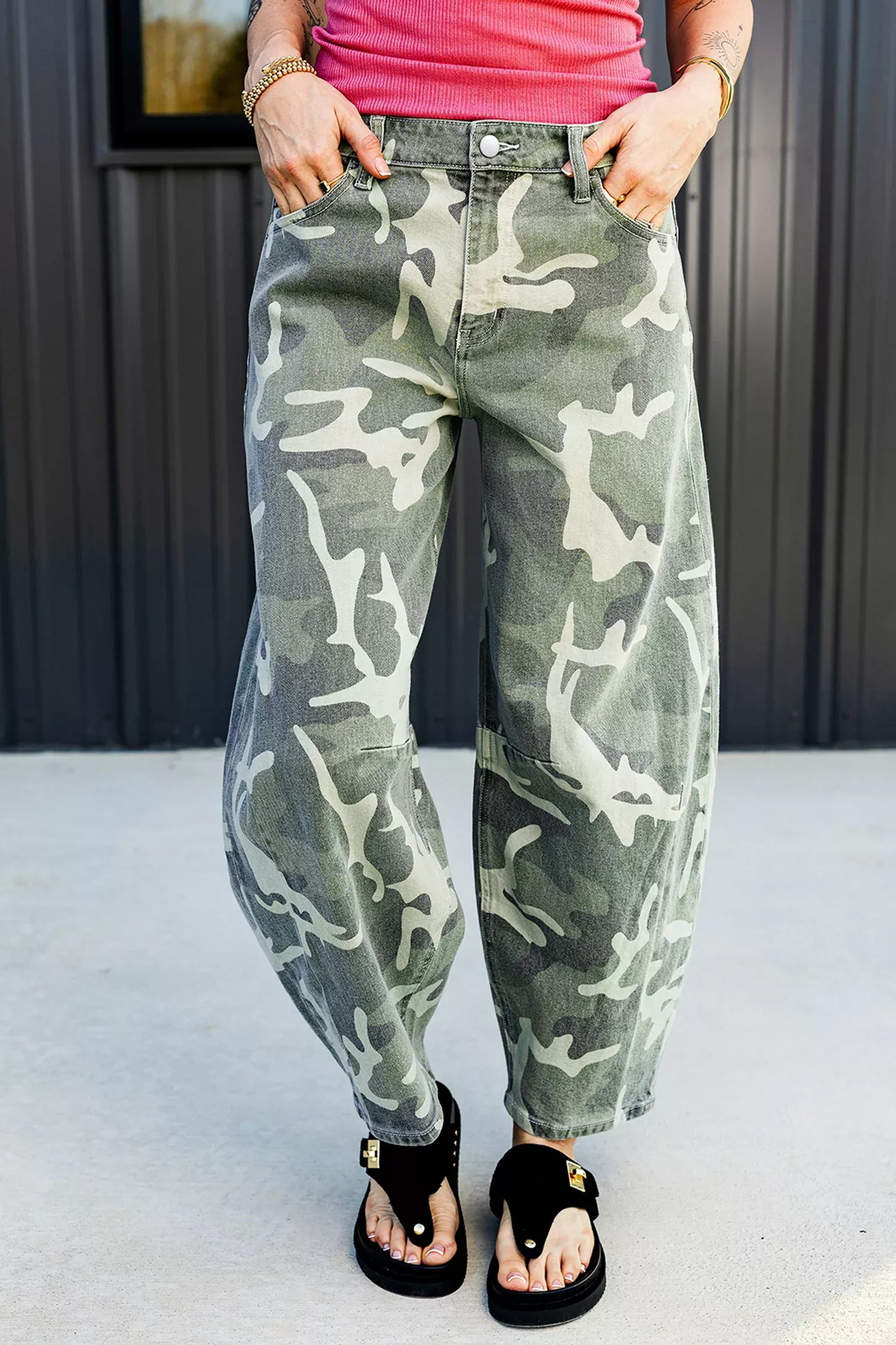 Green Camo Print Button Fly Straight Leg Ankle Length Jeans