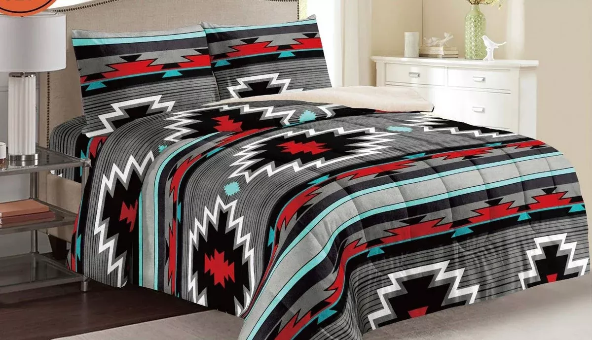 GREY AZTEC 3PC SHERPA COMFORTER SET KING SIZE