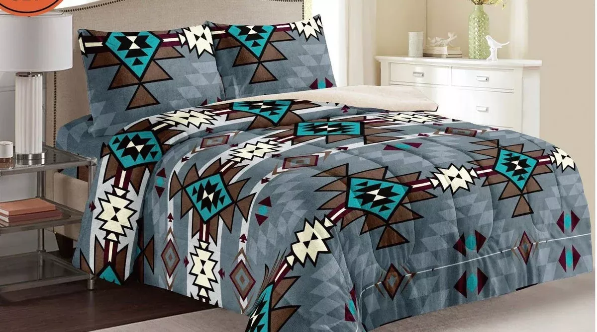 GREY NAVAJO 3PC SHERPA COMFORTER SET KING SIZE