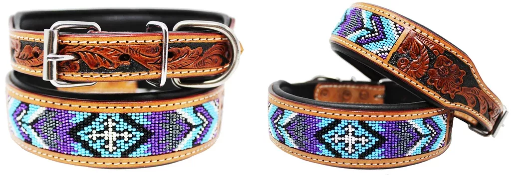 Hand Tooled Beaded Padded Leather Dog Collar60124