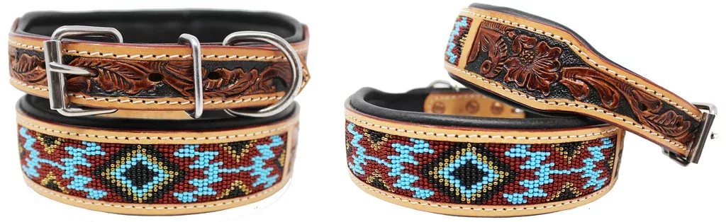 Hand Tooled Beaded Padded Leather Dog Collar60162