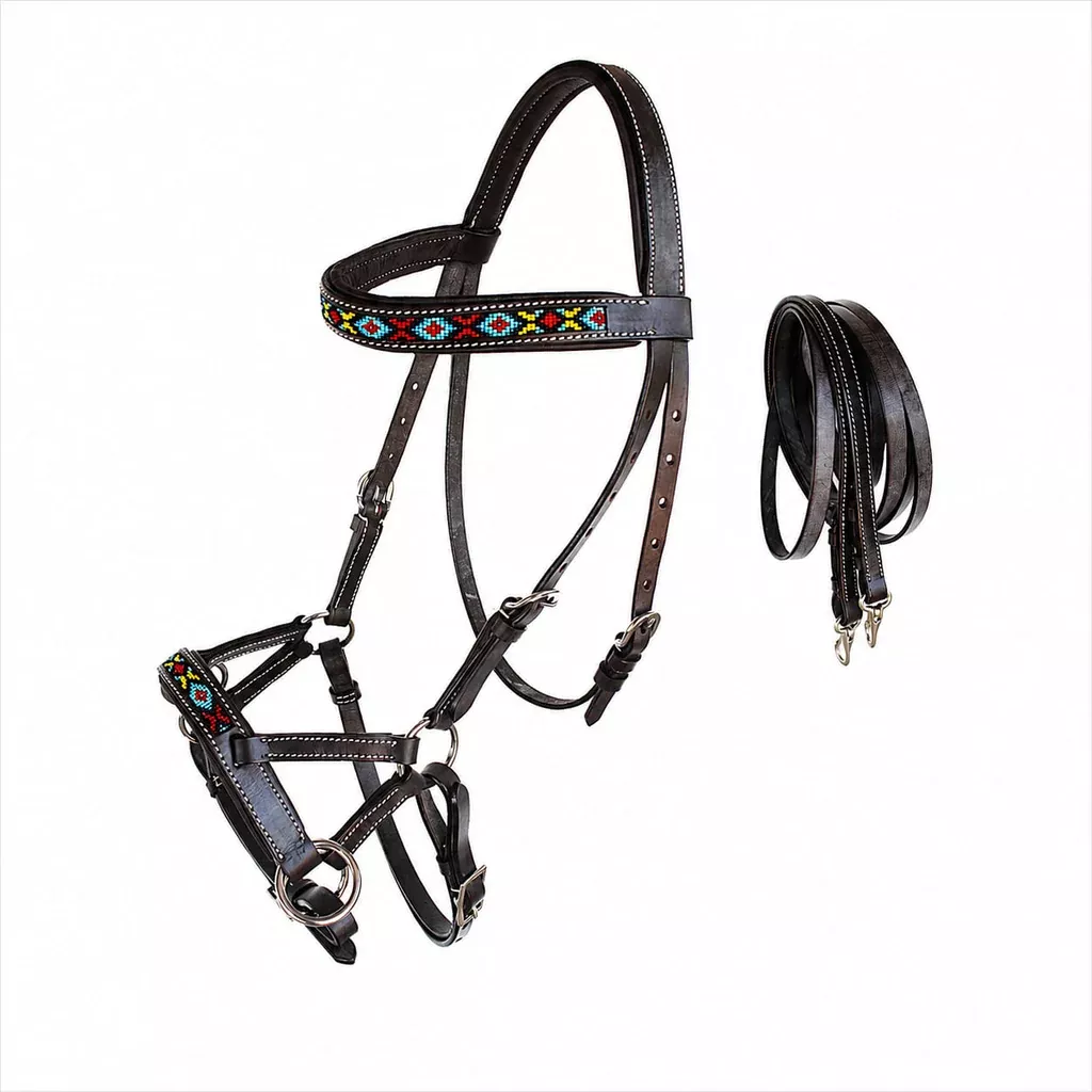 Horse Western Black Leather Tack Beaded Bitless Sidepull Bridle Reins 77RT06