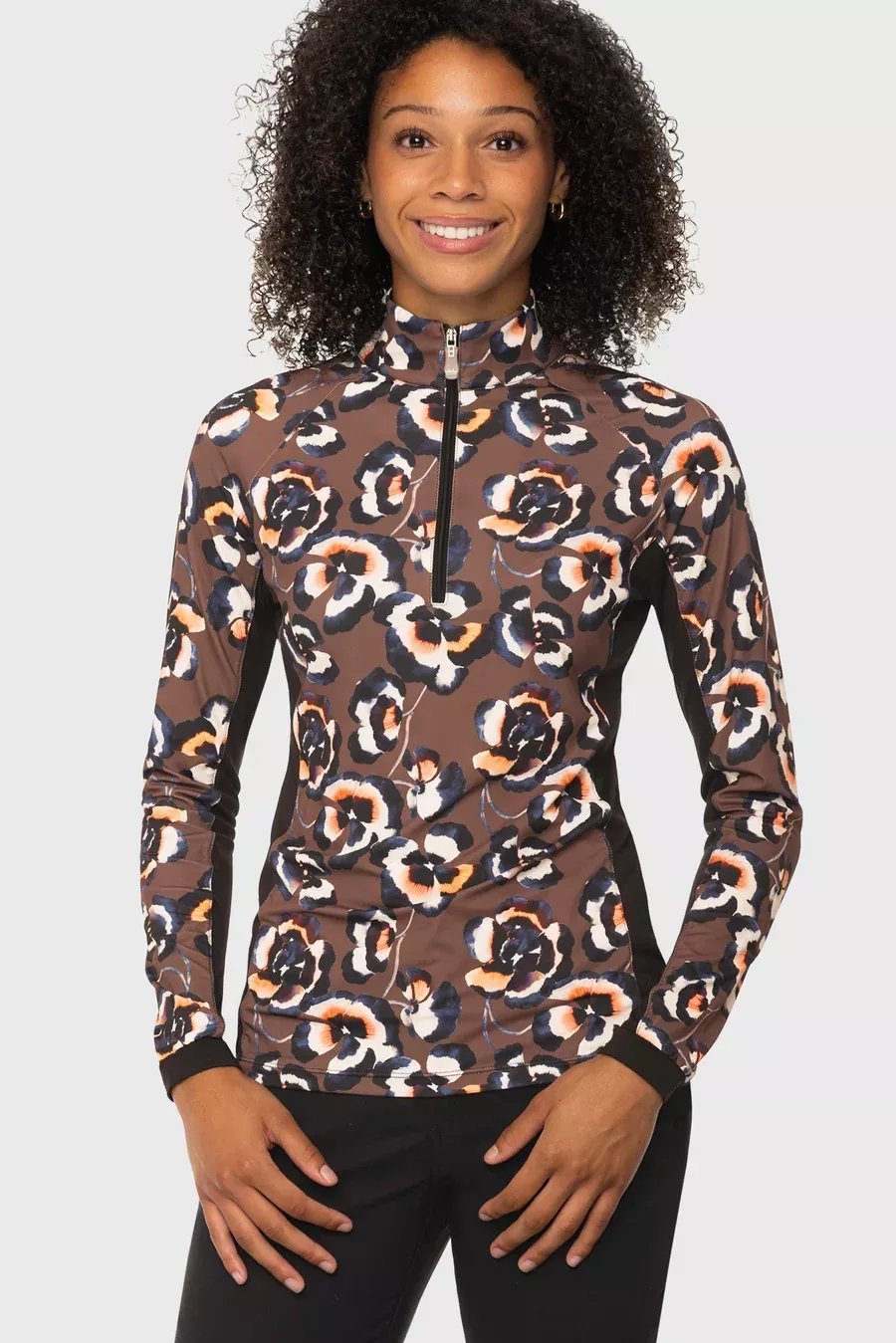 Kastel Chocolate Brown Pansies Black Side Panel Long Sleeve 1/4 Zip
