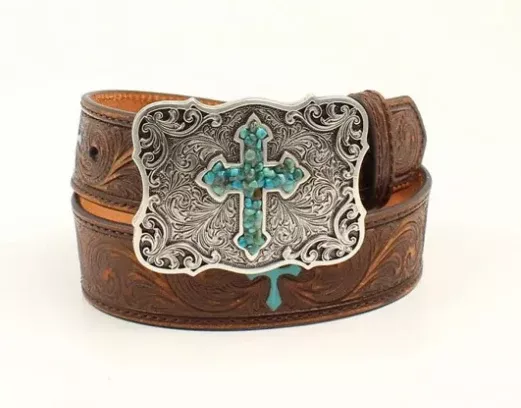 Kid’s Nocona Scroll Embossed Turquoise Cross Western Belt