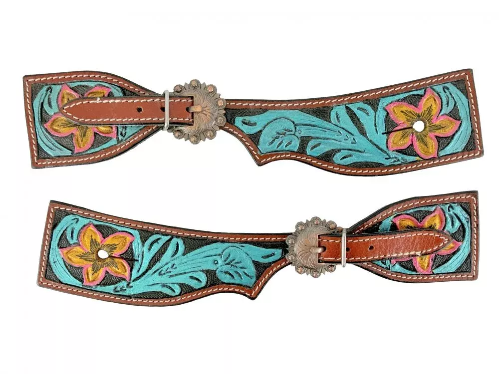 LADIES SPUR STRAPS WITH PAINTED GOLD & PINK FLOWER