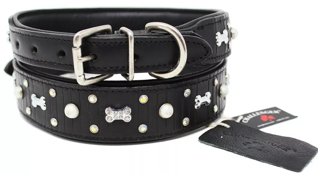 Leather Crystal Dog Bone Charm Collar Padded Double Ply Riveted Settings60AA219
