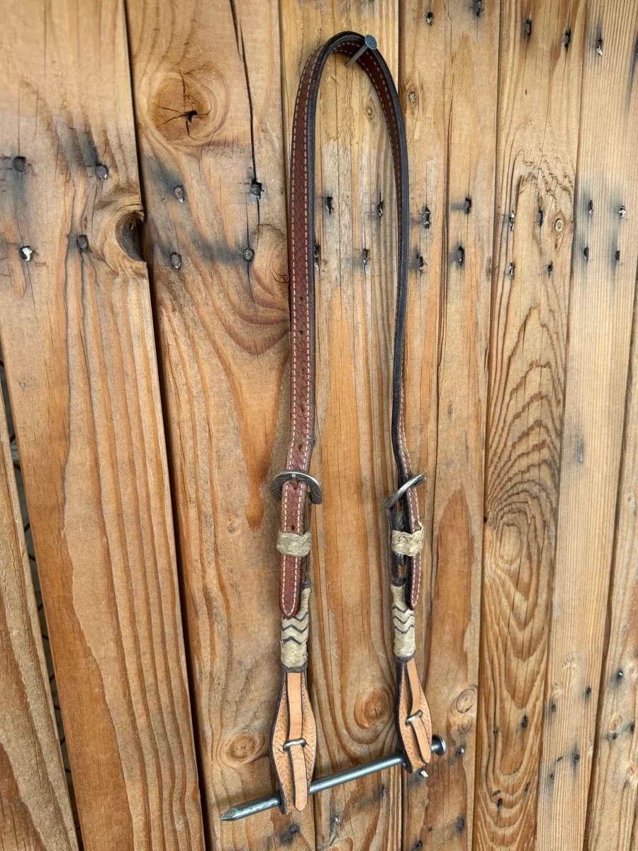 Leather No Ear Basketweave Leather Headstall with Quick Change Bit Ends HS1251