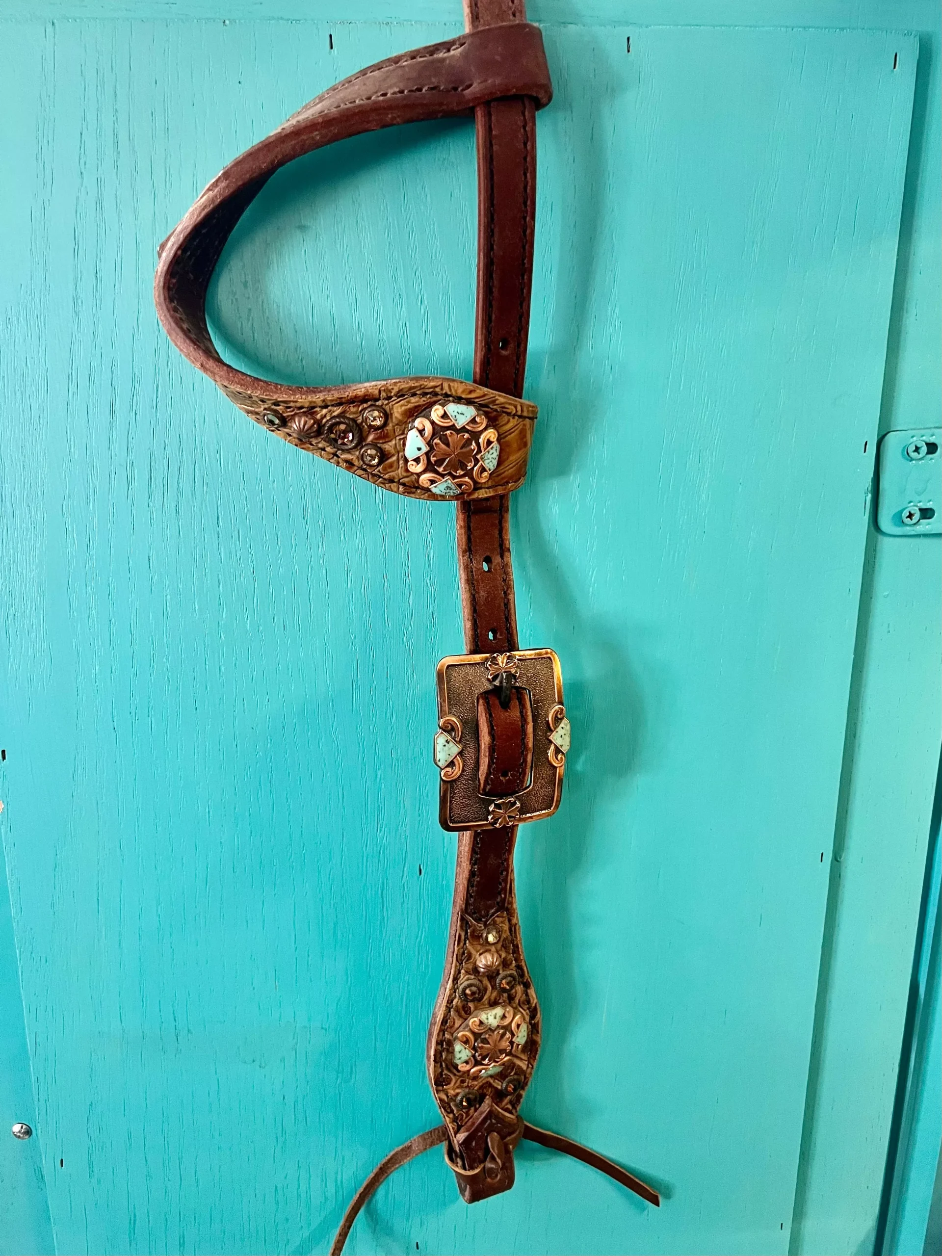 Leather One Ear Headstall - Copper & Turquoise Diamond Conchos