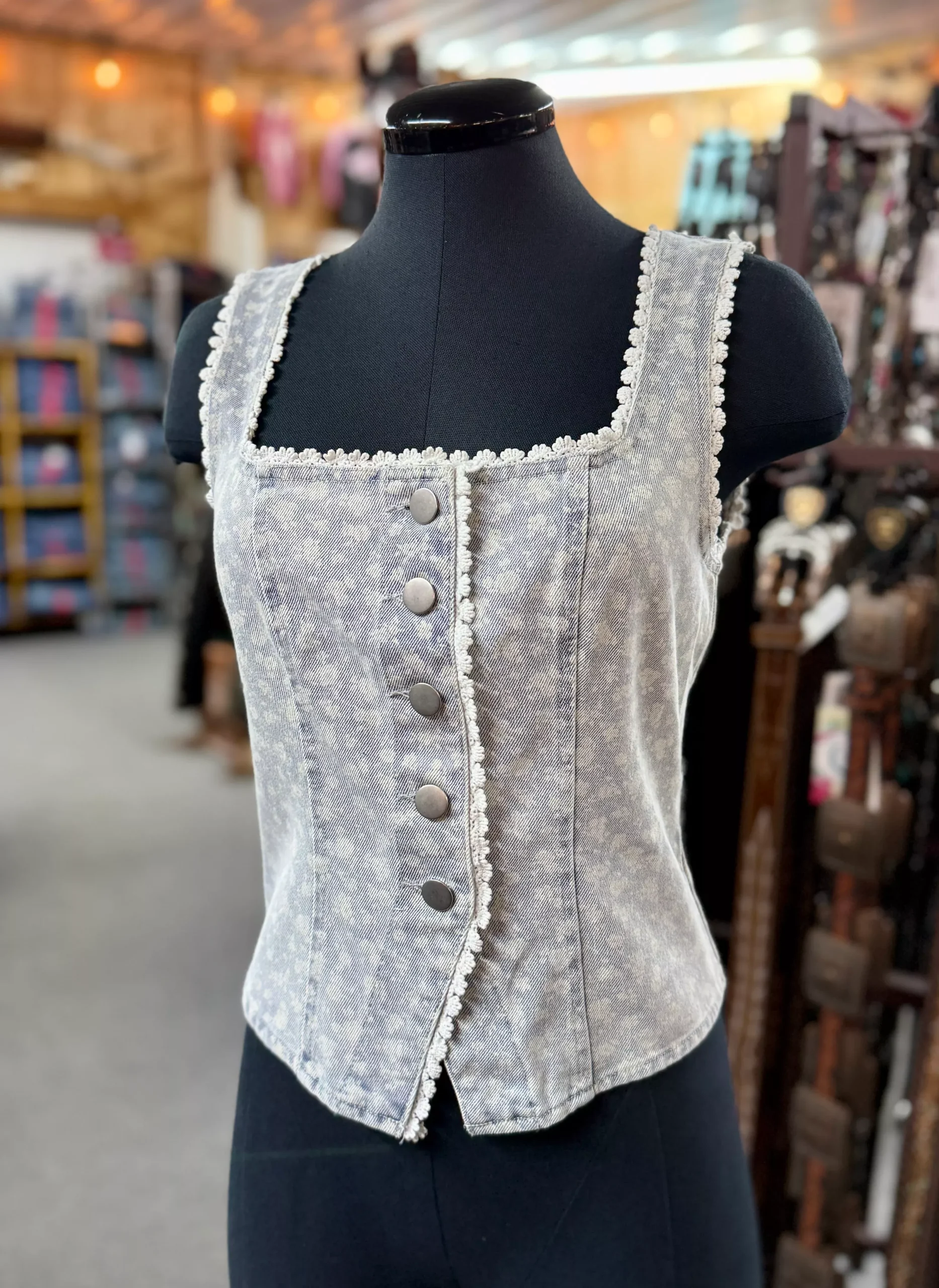Light Denim Floral Print Button Vest