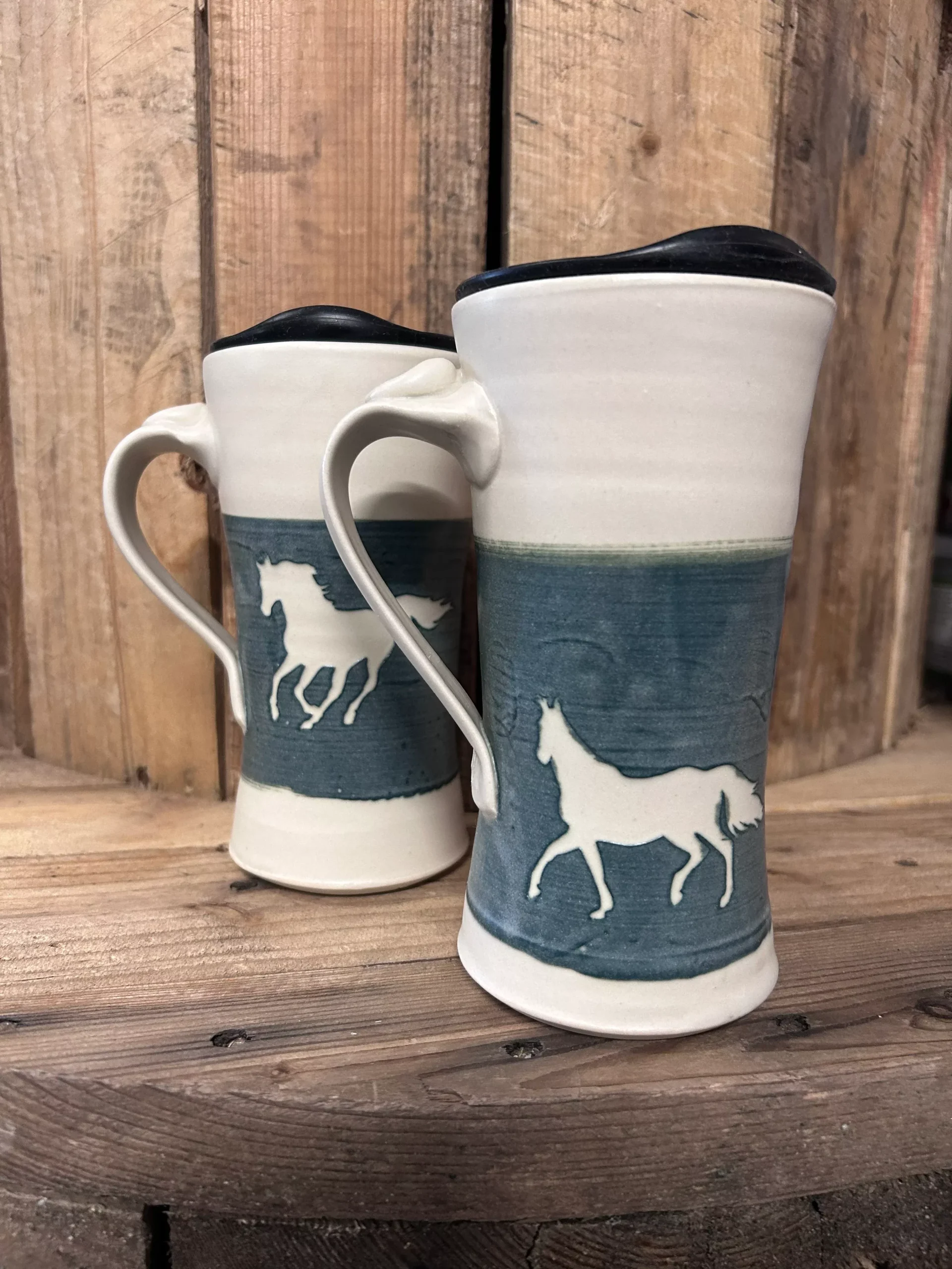 Muddy Duck Pottery Horse Mugs with Lids