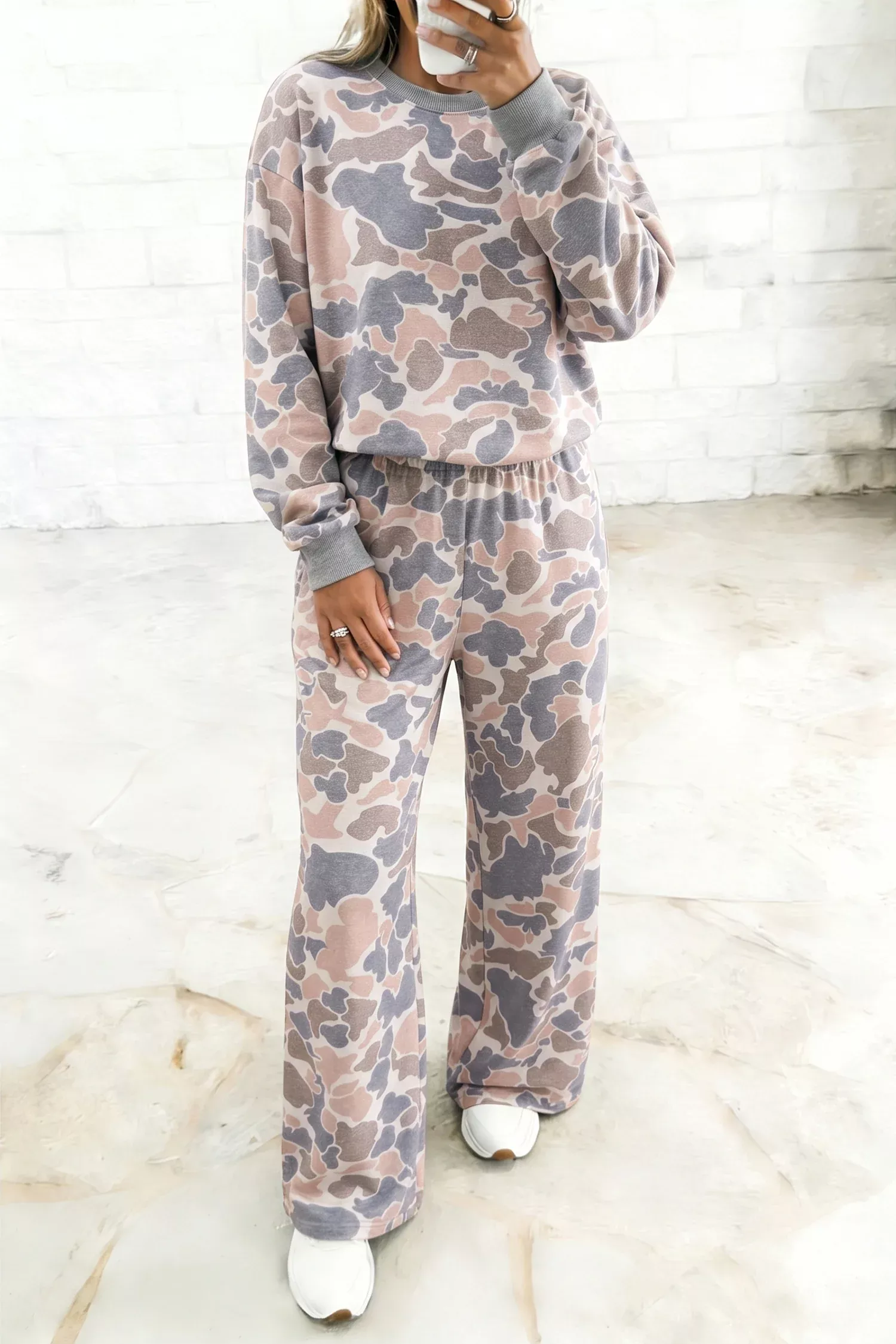 Multicolour Camouflage Print Long Sleeve Top Loose 2pcs Pants Set
