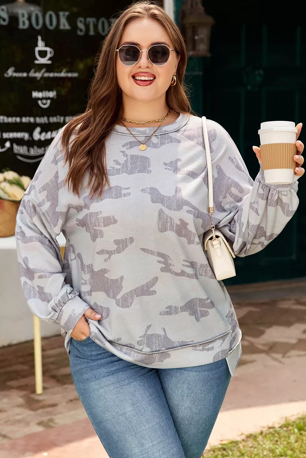 Multicolour Camouflage PrintRound Neck Plus Size Sweatshirt