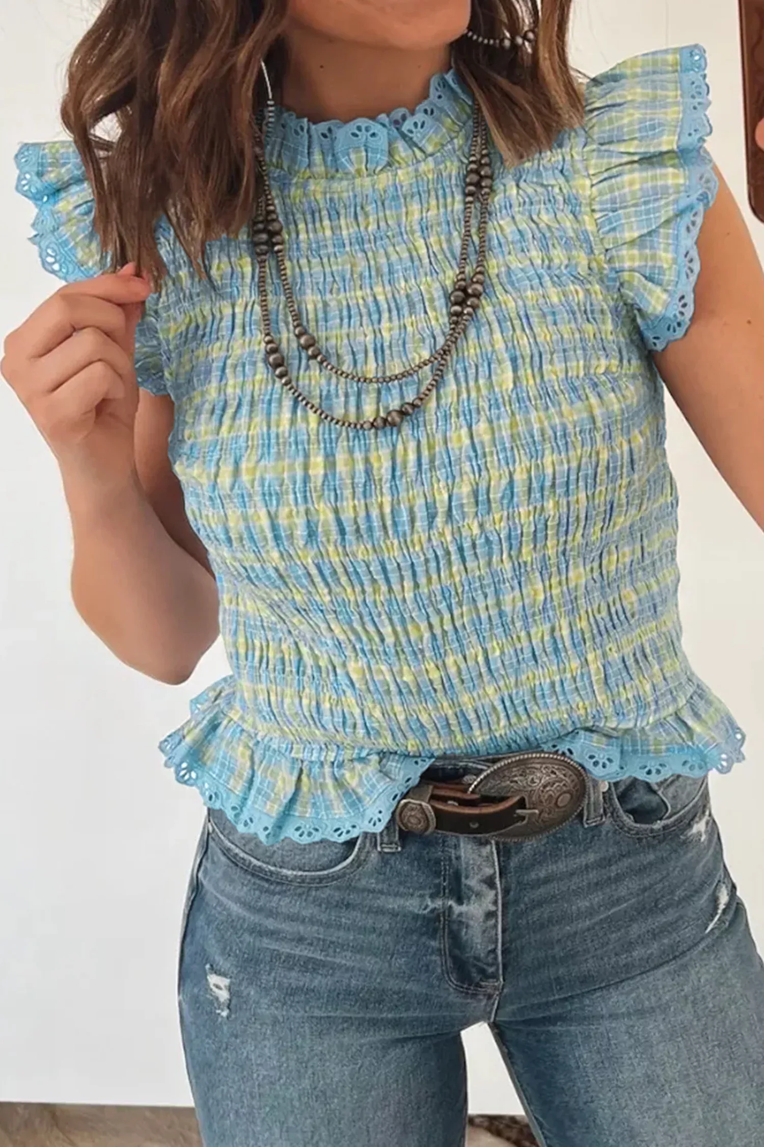 Multicolour Gingham Smoked Lace Trim Tank Top