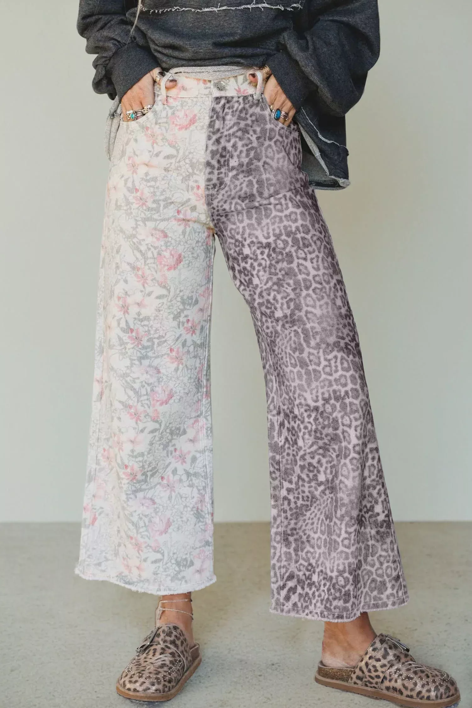 Multicolour Retro Floral Leopard Contrast Patchwork Raw Hem Jeans