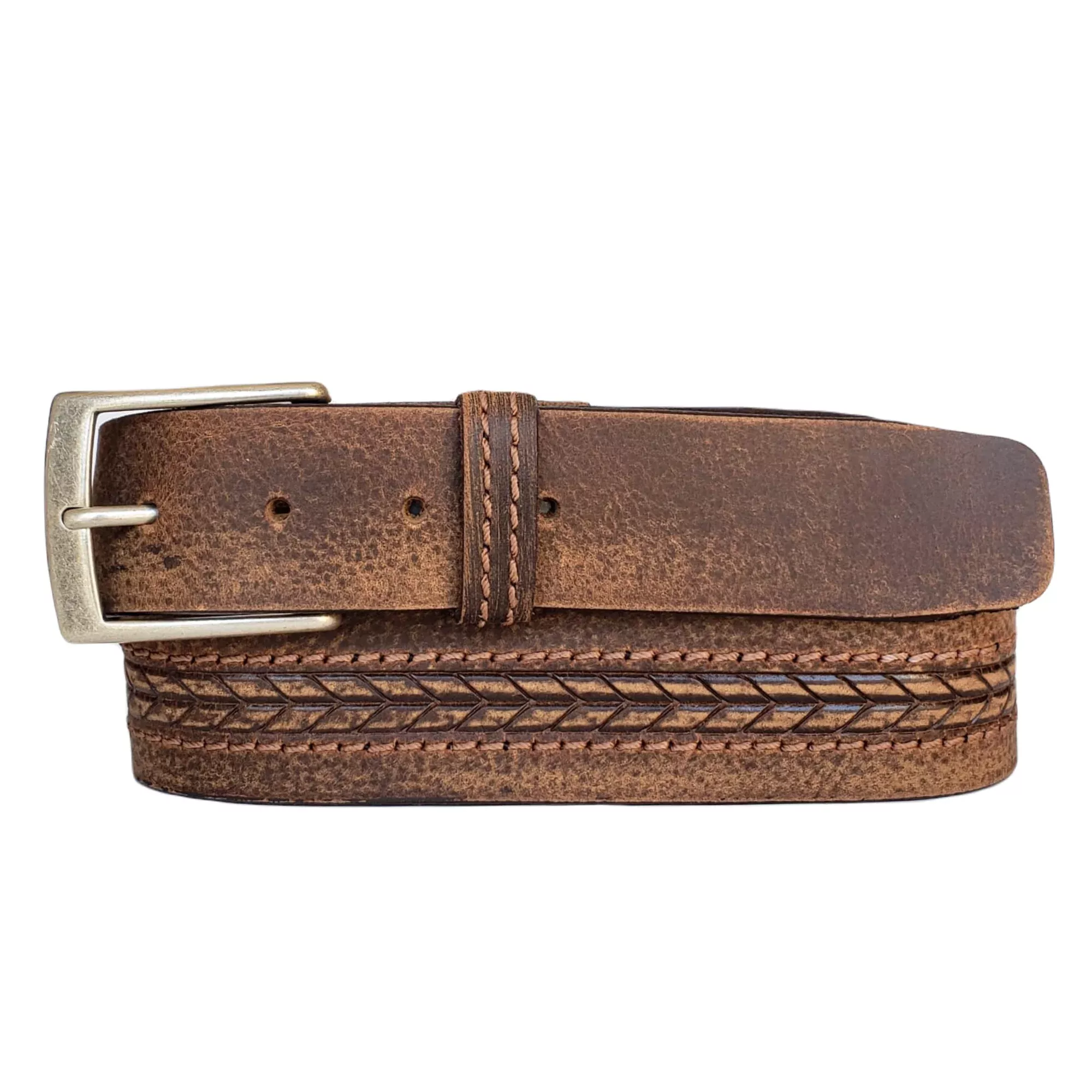 NAB LEATHER Brown Arrow Patterned Distressed Leather Belt